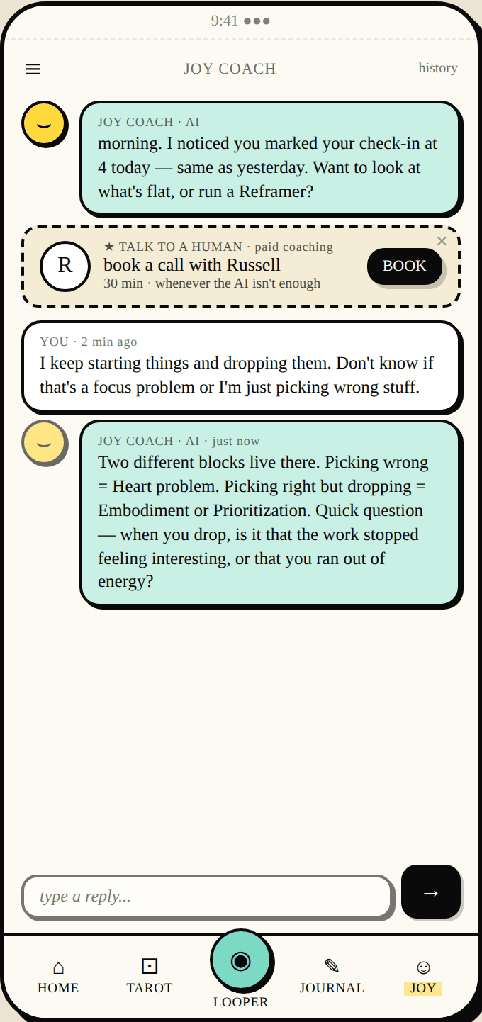 Joy Coach · proactive chat that notices the dip and asks the right question